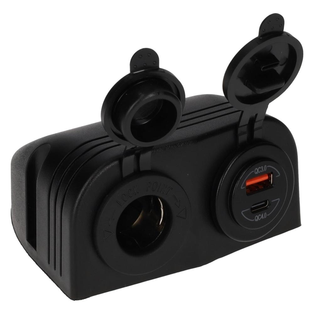 Power Line Contactdoos 12V + USB-A + USB-C Lader Opbouw Zwart Power Line Contactdoos 12V + USB-A + USB-C Lader Opbouw Zwart