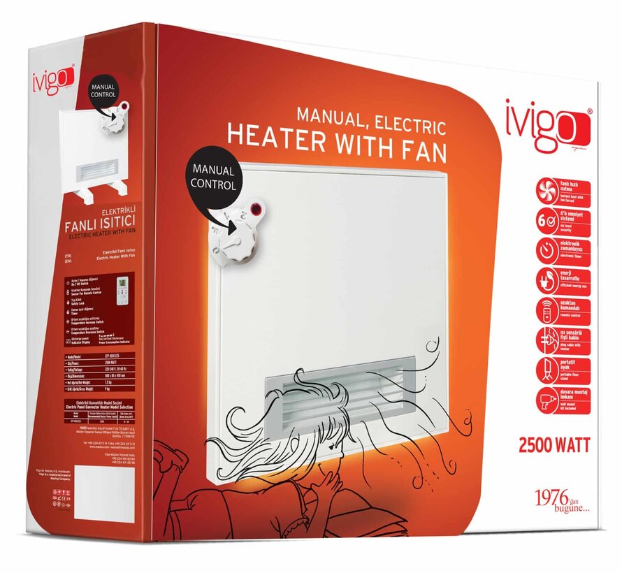 Ivigo elektrische verwarming - Met ventilator 2500 watt - Bediening manueel- gefabriceerd in Europa