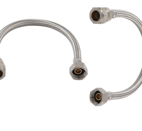 RVS flexibele slang 1/2" binnendraad x 15 mm knel, lengte 35 cm KIWA- Geschikt voor aansluiting op de boiler en op de koperen leiding 15mm