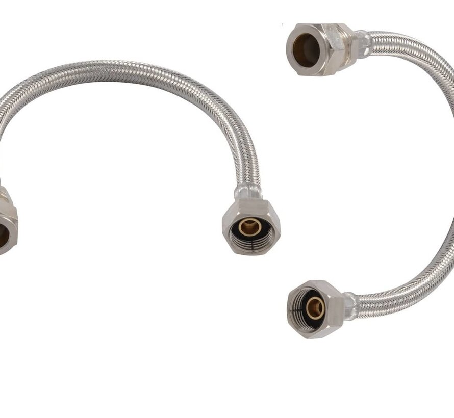RVS flexibele slang 1/2" binnendraad x 15 mm knel, lengte 35 cm KIWA- Geschikt voor aansluiting op de boiler en op de koperen leiding 15mm