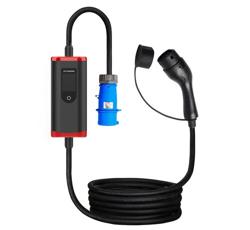 Mobiele EV CEE auto oplader -  1 fase  7 kW  8A to 32A  CEE Stopcontact (blauw) - Type 2  Inclusief handige opbergtas