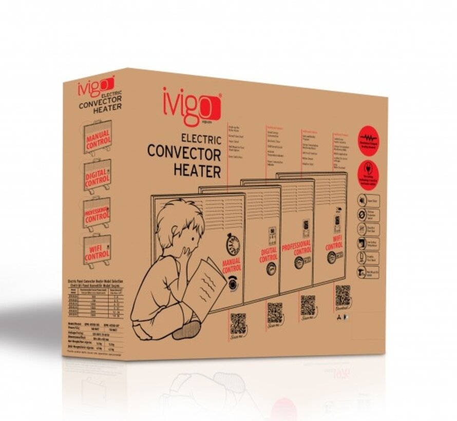 Ivigo chauffage électrique Smart - Professionnel Wi-Fi - 500 à 2500 watts - Chauffage entièrement programmable - Contrôle via votre téléphone ou directement sur l'appareil - Comprend un support mural et des pieds - Fabriqué en Europe