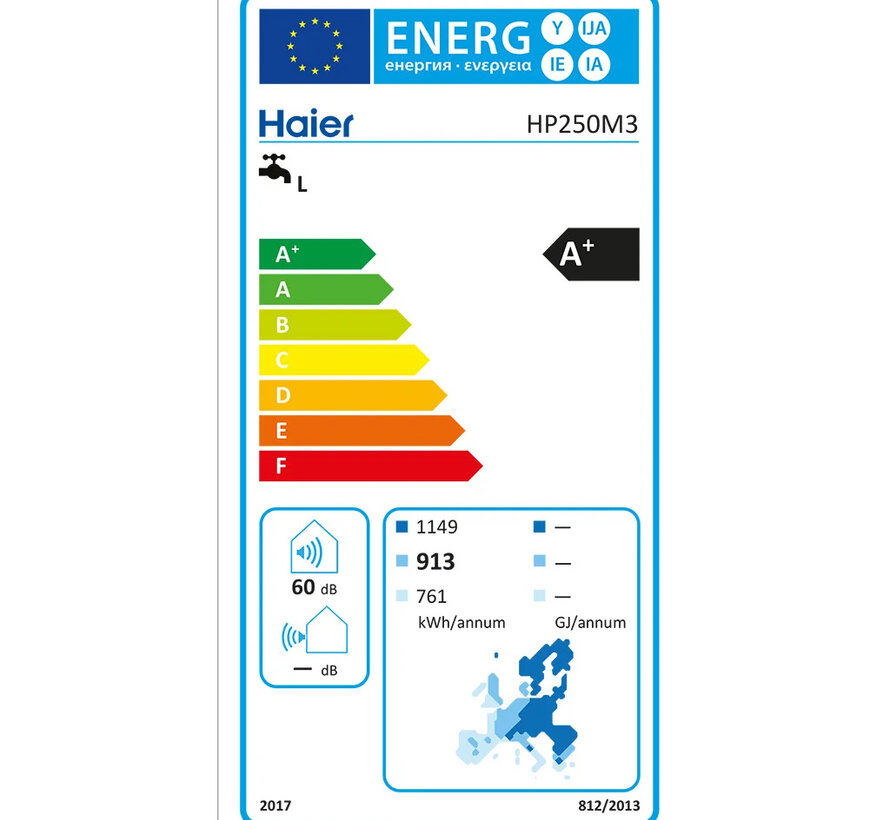 Haier warmtepompboiler - Model HP250M3 - 246 liter tank inhoud - Energielabel A+ Subsidie