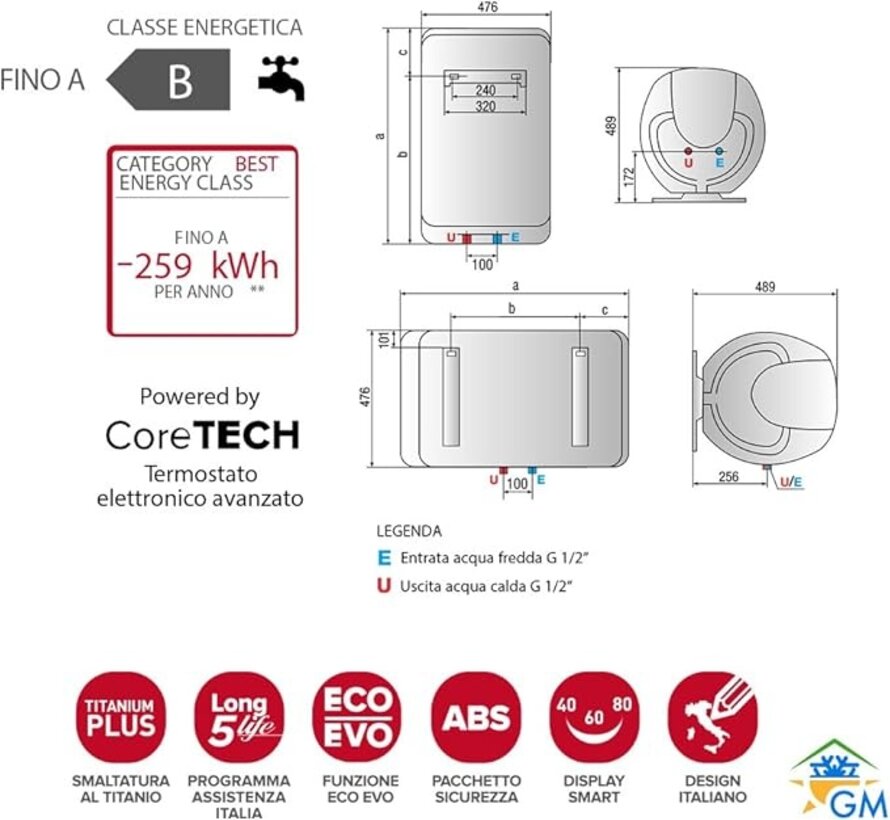 Ariston Shape Eco EVO - Elektrische boiler - 50, 80, 100 liter - 1800 watt - Instelbaar - Montage verticaal - Inclusief inlaatcombinatie