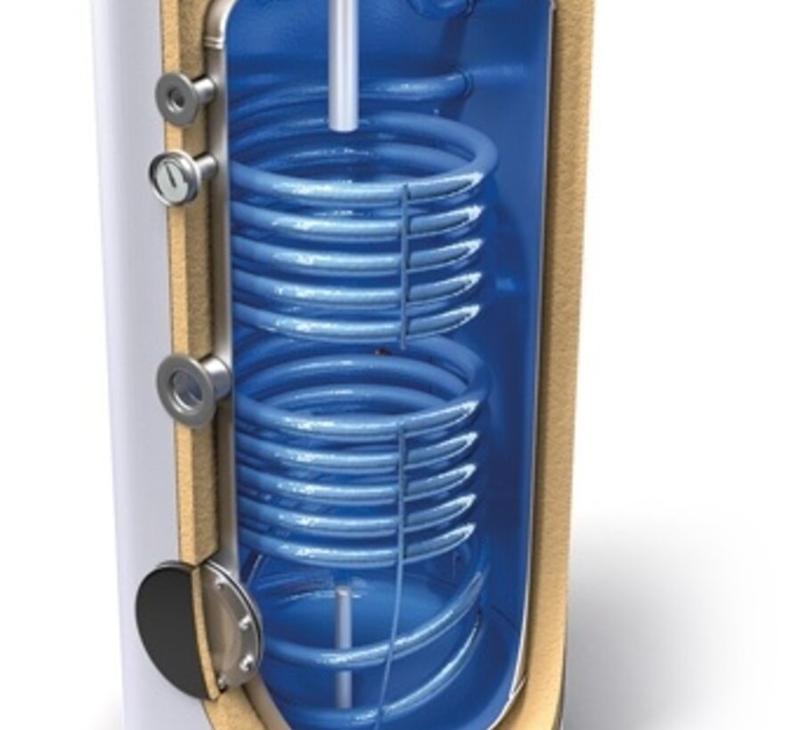 Indirect gestookte boiler - aansluiting op 2 verschillende bronnen - 2 spiralen - 2 warmtewisselaars - staande uitvoering