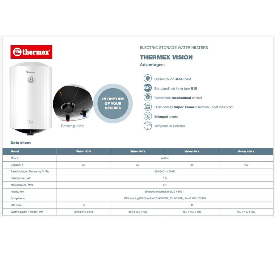 Thermex elektrische boiler, Vision V - 100 liter - 1500 W - Ø 450 mm)