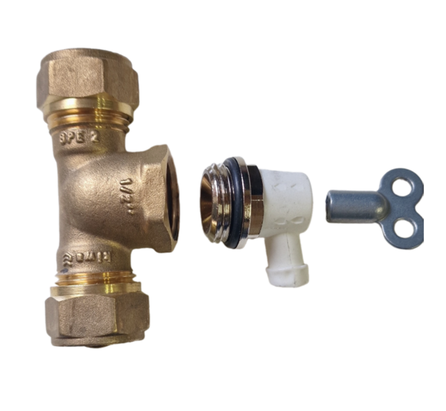 Beluchtingsventiel:T-stuk 15 x 1/2bn x 15 knel, aftapper met sleutel voor openen dicht draaien