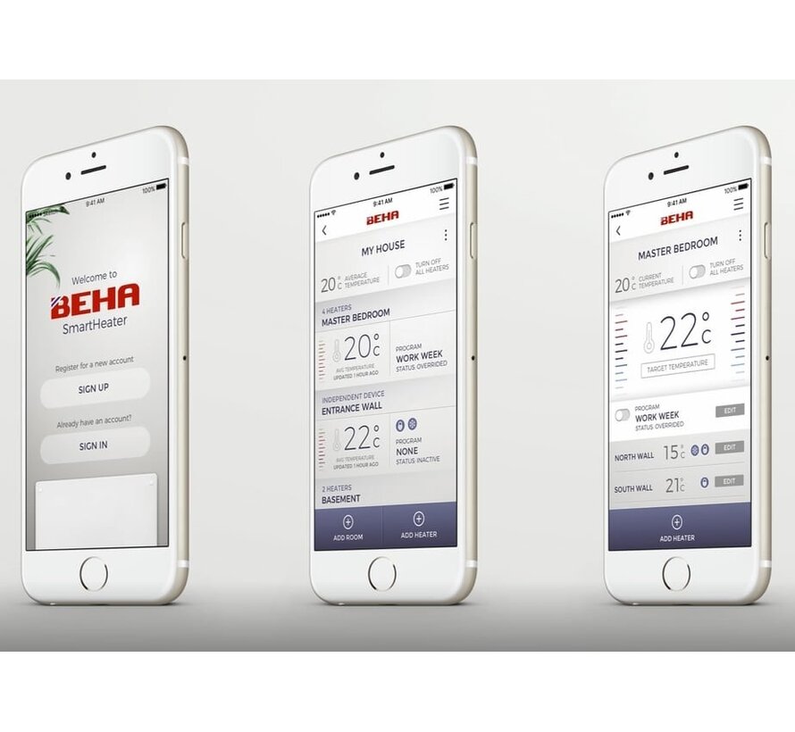Beha elektrische convectie kachel, 400 t/m 1250w, klokthermostaat met via wifi programmeren klok en temperatuurinstelling