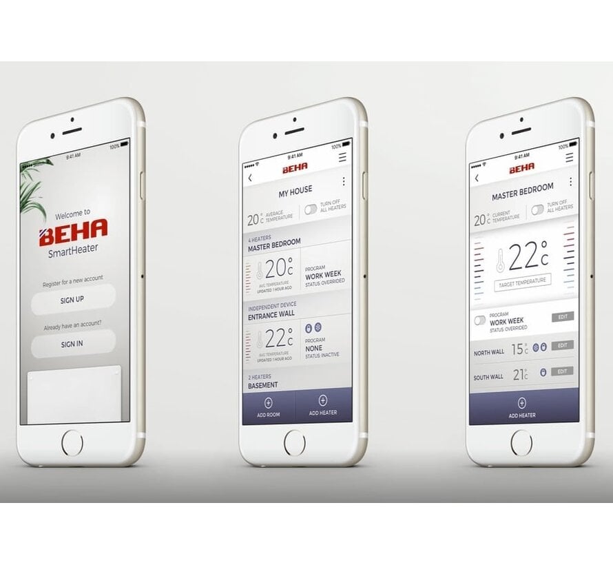 Beha elektrische convectie kachel,  500 t/m 1250w, klokthermostaat met via wifi programmeren klok en temperatuurinstelling