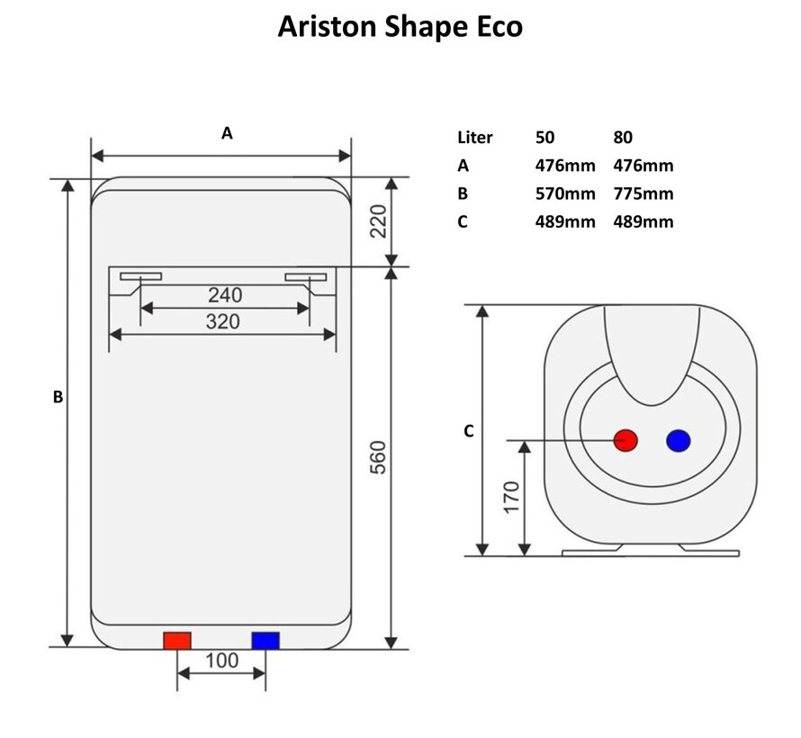 Ariston elektrische boiler, Shape Eco Evo - 50 en 80 liter, 1800 watt met eco functies - Copy