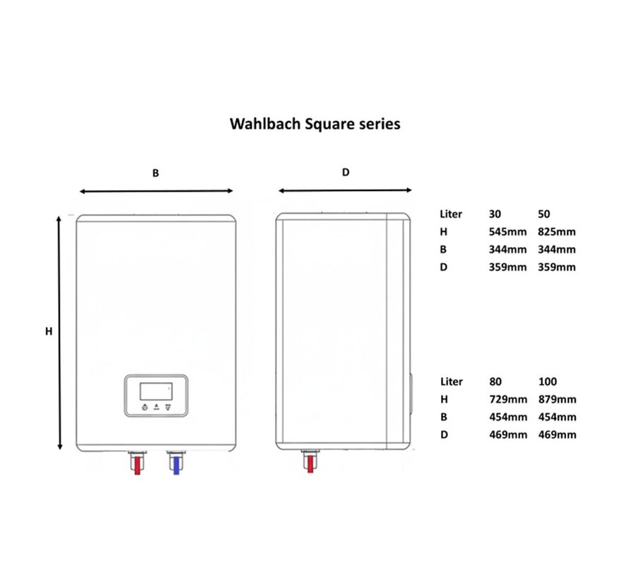 Wahlbach Square elektrische boiler (30-100L) - Vierkant Design - Verticaal