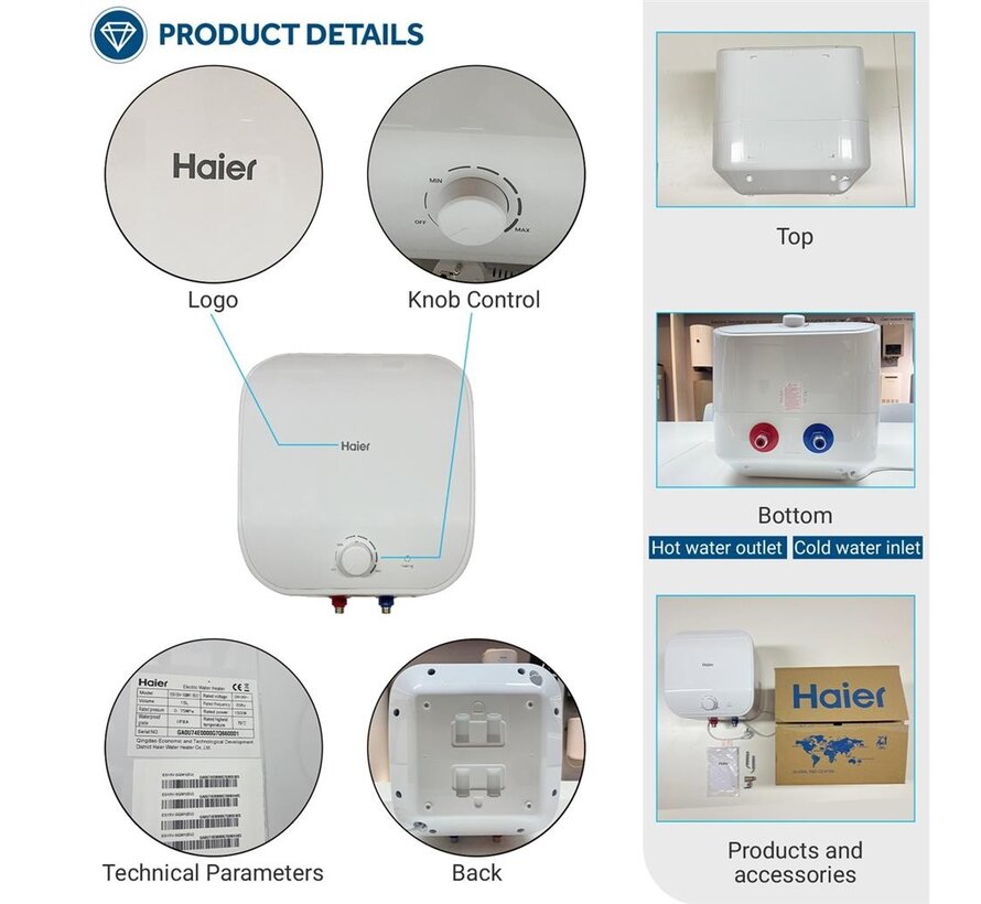 Haier elektrische keukenboiler, SQM1 - 10 liter (close-up) - 1500 watt