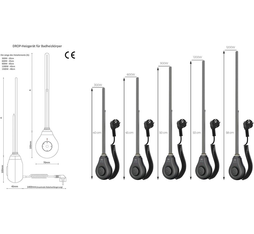Hottech DropPLUS verwarmingselement voor badkamer radiator - Met regelbare thermostaat - 300-600-900 watt - Water en omgevingstemperatuur detectie