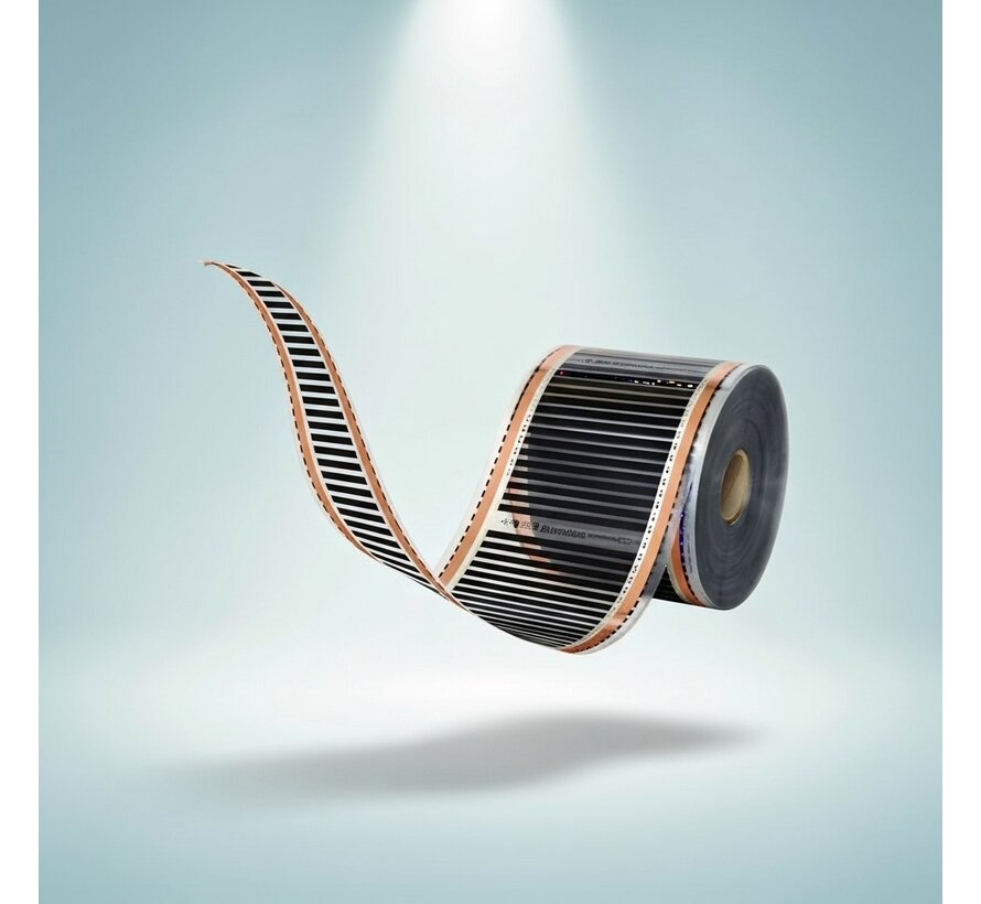 Infrarood vloerverwarmingsfolie, 50cm breed - 50w/m2 - met gesoldeerde VMVL aansluitkabel  a 100cm
