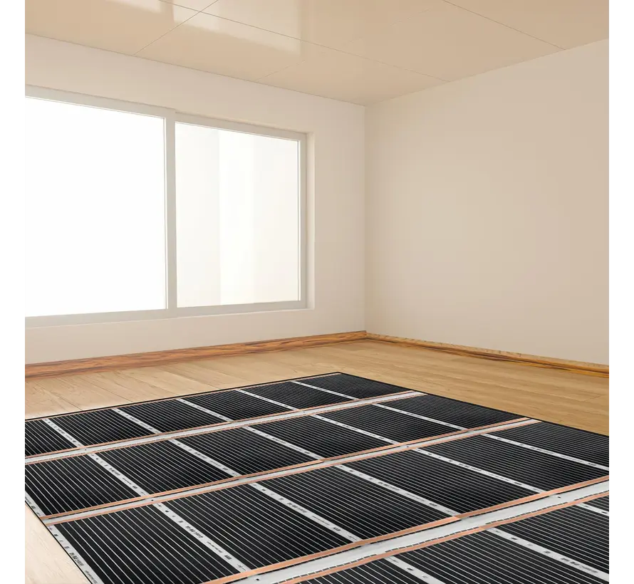Infrarood vloerverwarmingsfolie, 75cm breed - 100w/m2 - met gesoldeerde VMVL aansluitkabel  a 100cm