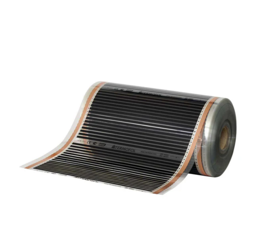 Infrarood vloerverwarmingsfolie, 75cm breed - 100w/m2 - met gesoldeerde VMVL aansluitkabel  a 100cm