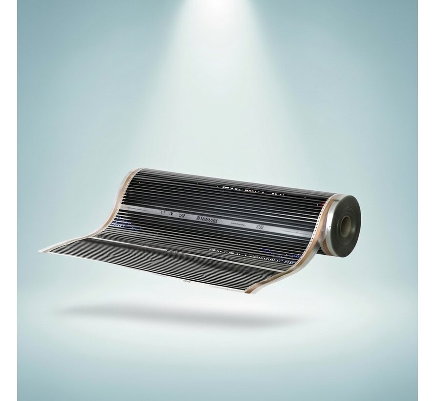 Infrarood vloerverwarmingsfolie, 100cm breed - 100w/m2 - met gesoldeerde VMVL aansluitkabel  a 100cm