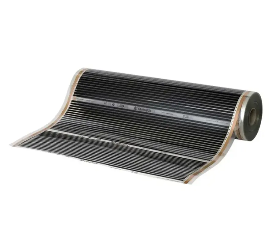 Infrarood vloerverwarmingsfolie, 100cm breed - 100w/m2 - met gesoldeerde VMVL aansluitkabel  a 100cm