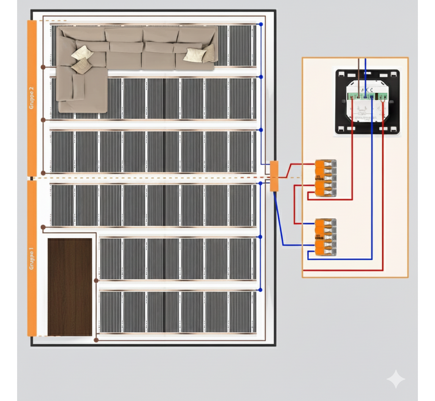 Infrarood vloerverwarmingsfolie, 100cm breed - 50w/m2 - met gesoldeerde VMVL aansluitkabel  a 100cm