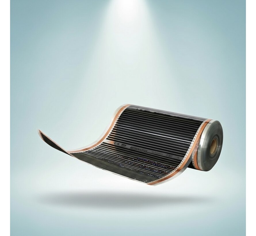 Infrarood vloerverwarmingsfolie, 75cm breed - 50w/m2 - met gesoldeerde VMVL aansluitkabel  a 100cm