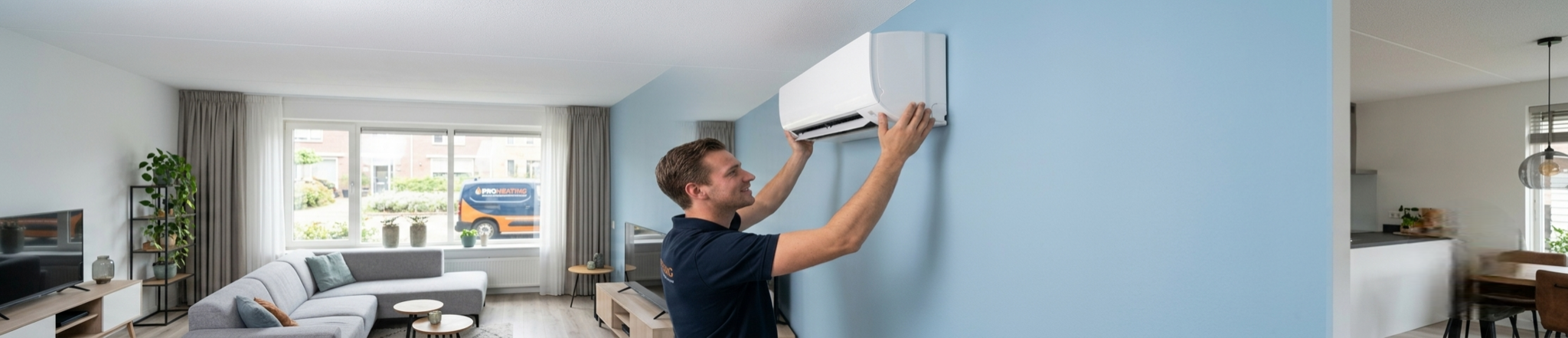 Proheating F-gassen monteur installeert een split-unit airco in een woonkamer