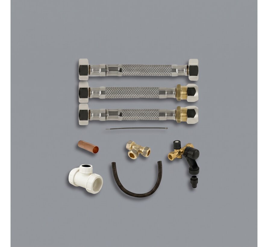 Keukenboiler aansluitset 3/8" compleet met inlaatcombinatie, RVS slangen en afvoer T-stuk