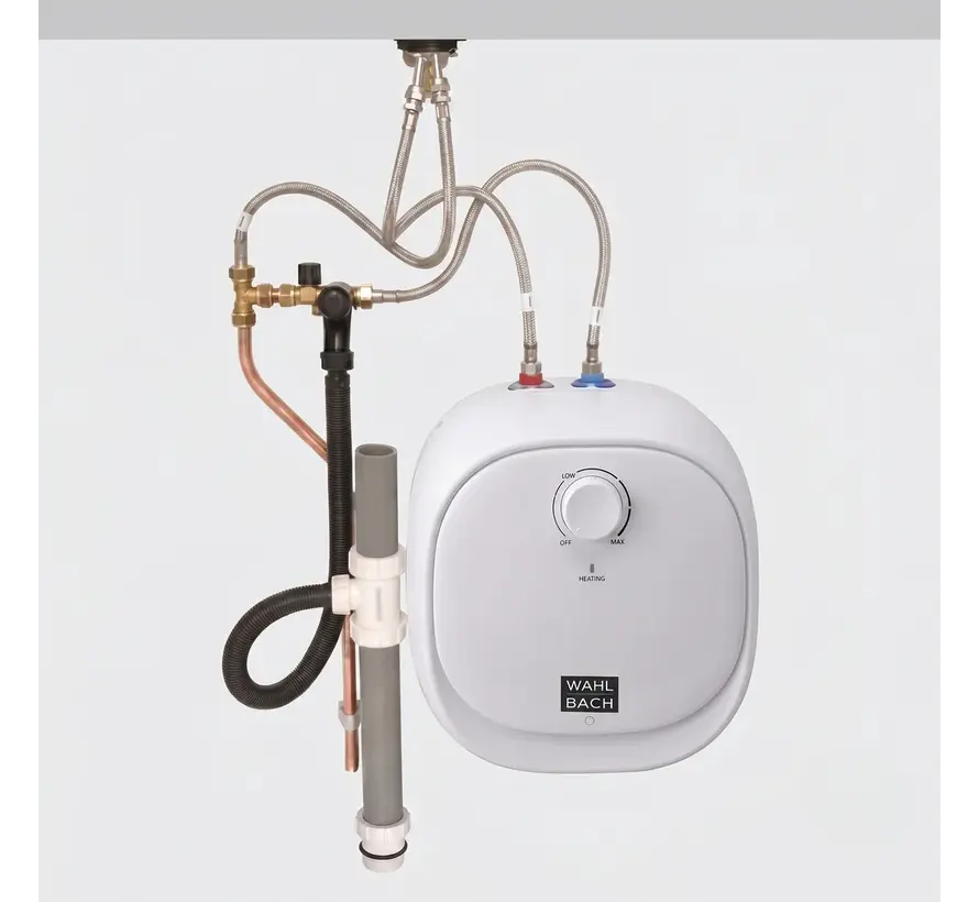 Keukenboiler aansluitset 3/8" compleet met inlaatcombinatie, RVS slangen en afvoer T-stuk