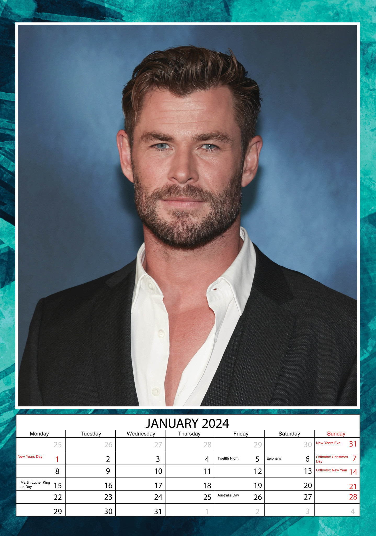 Dream Chris Hemsworth Calendar 2025 A3