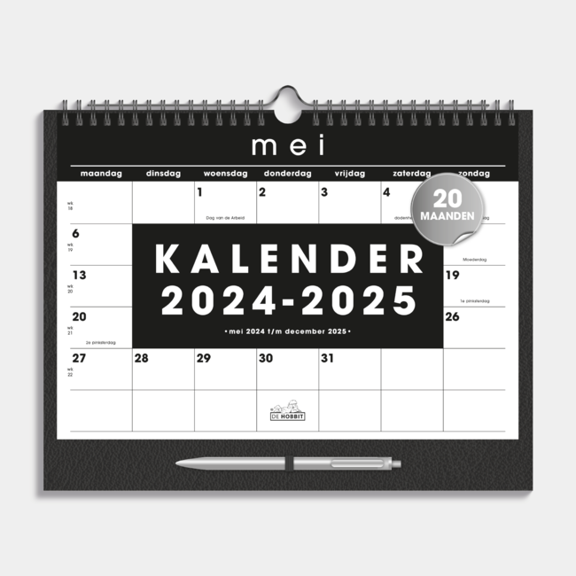 Calendrier mensuel A4 2025 - 2025 Noir avec stylo