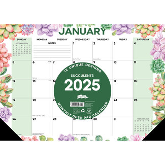 Willow Creek Succulents Desk Pad - Desk Calendar 2025 Narrow