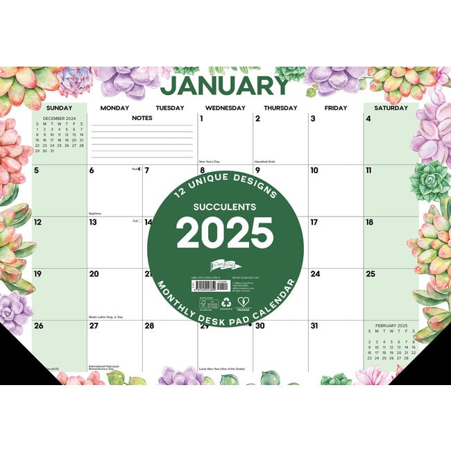 Succulents Desk Pad - Desk Calendar 2025 Narrow