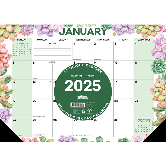 Willow Creek Succulents Desk Pad - Desk Calendar 2025 Narrow