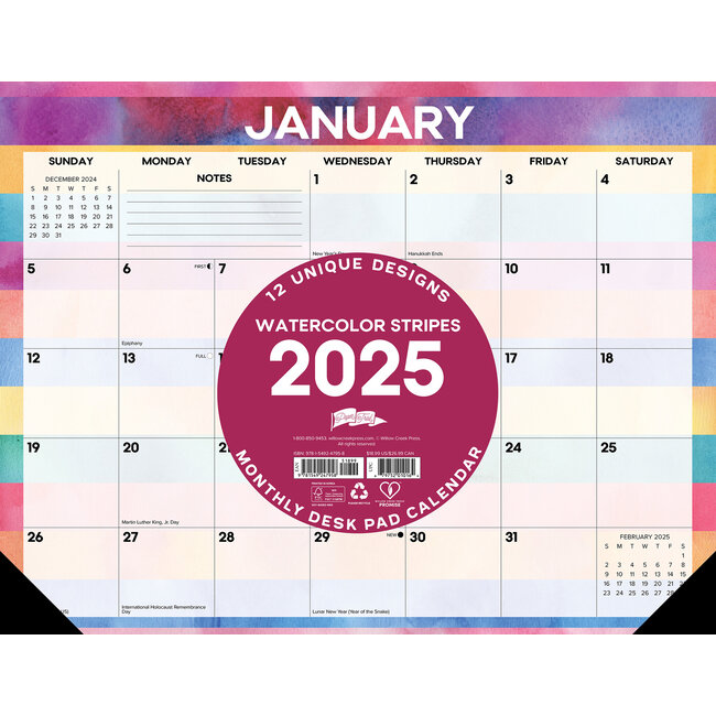 Willow Creek Blocco da tavolo a righe acquerellate - Calendario da tavolo 2025