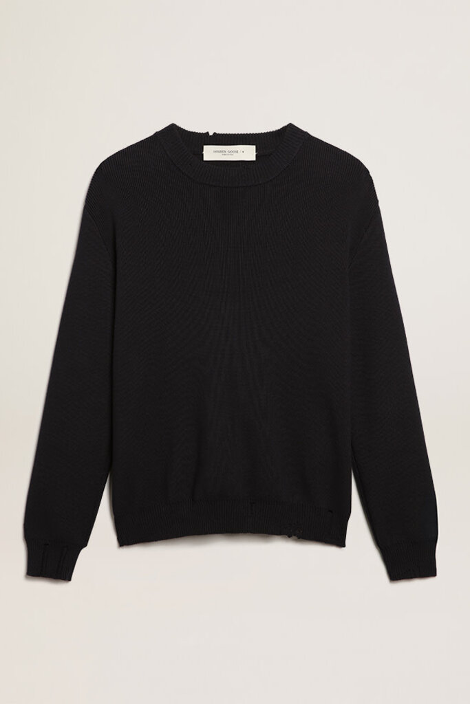 golden goose GOLDEN M'S REGULAR KNIT CREW NECK DISTRESSED COTTON NAVY