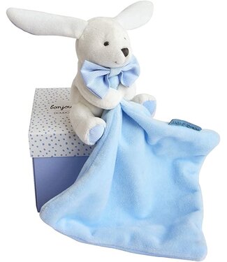 Doudou et Compagnie Knuffeldoekje Konijn Boite Fleur (blauw) - DouDou et Compagnie