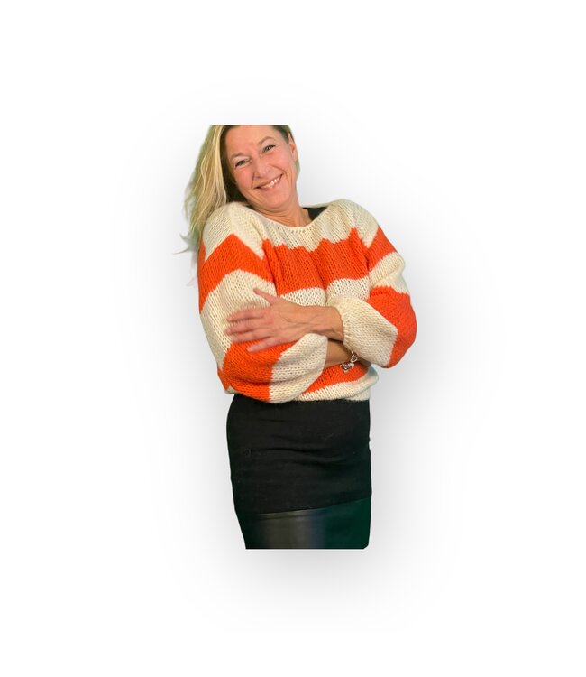 MON AMOUR Gestreepte beige/oranje zachte trui met lange mouwen