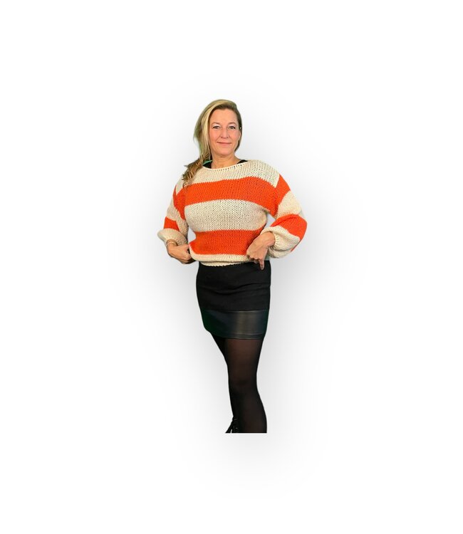 MON AMOUR Gestreepte beige/oranje zachte trui met lange mouwen