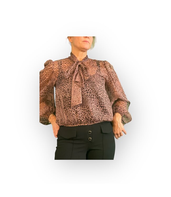 J’AIME Blouse met panterprint en kraag met strik