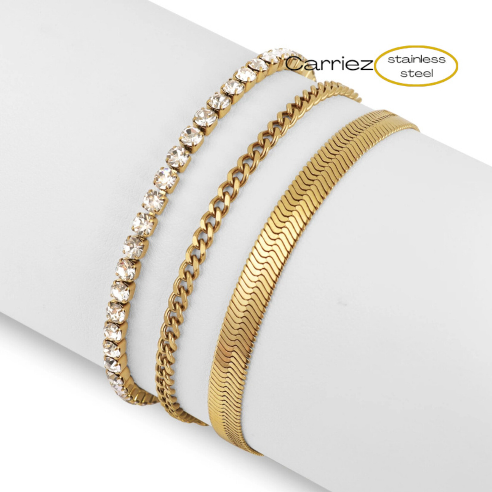 Carriez Gouden 3-delige armbanden set gourmet platte  en witte cz schakel
