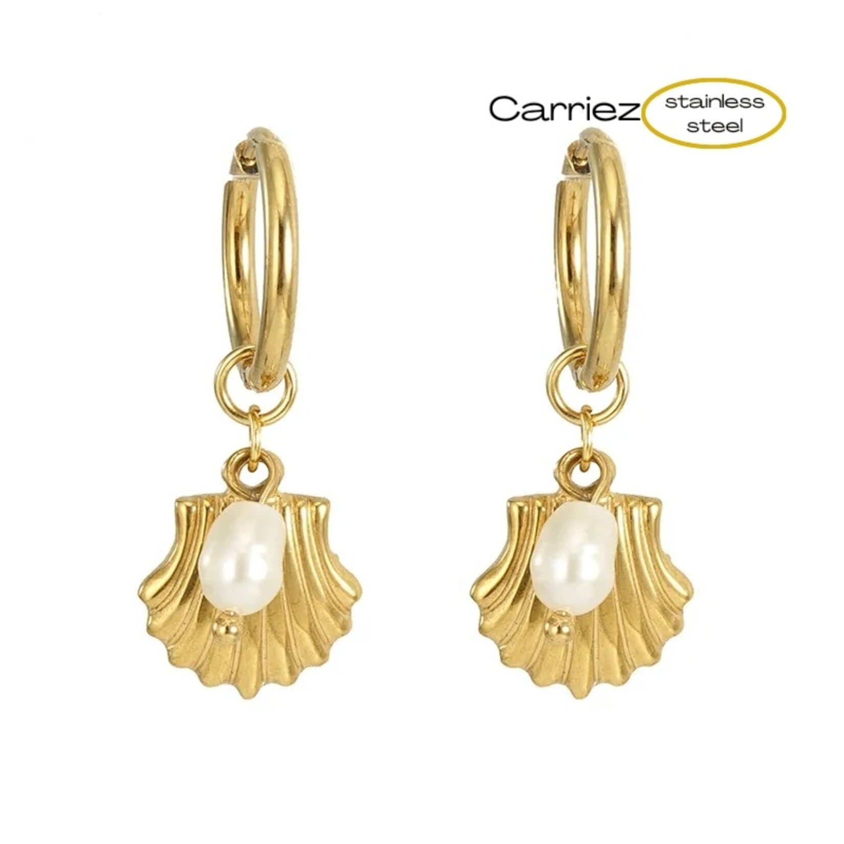 Carriez Gouden oorringen parel schelp - stainless steel