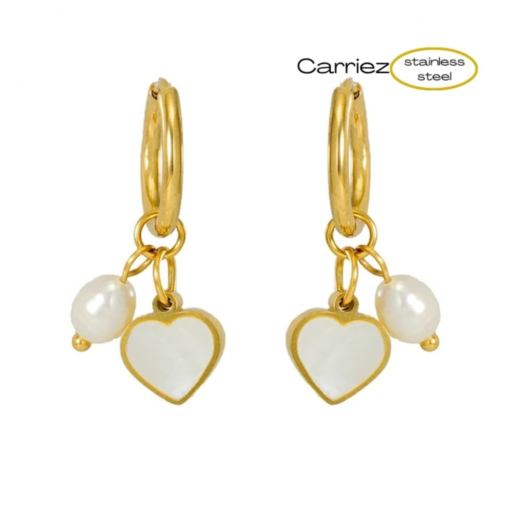 Carriez Gouden oorringen parel hartje - stainless steel
