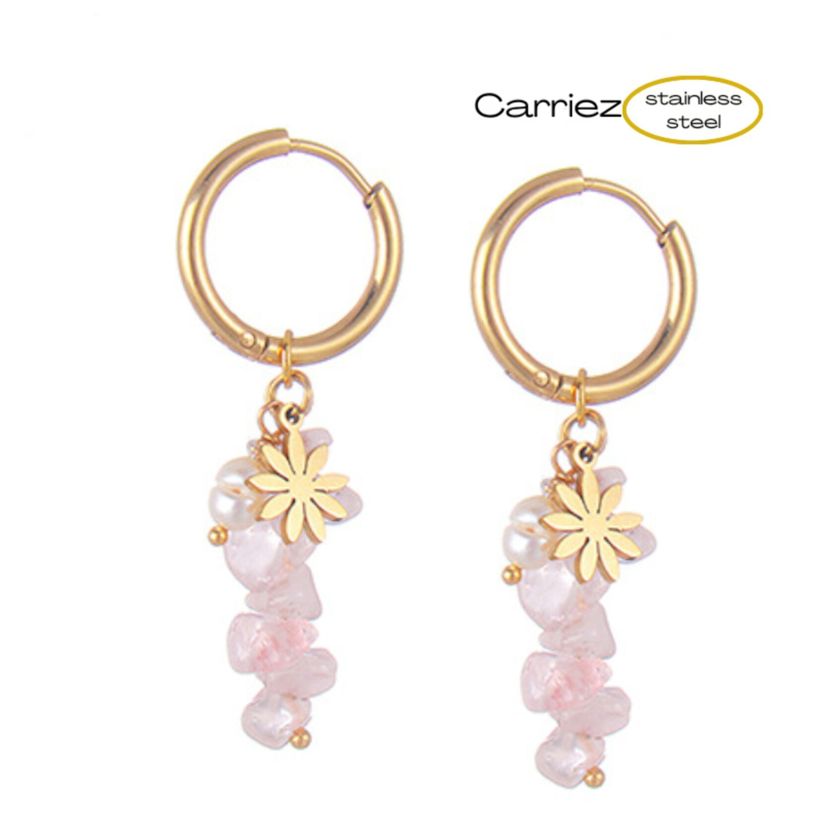 Carriez Gouden oorringen roze steentjes bloem en parel- stainless steel