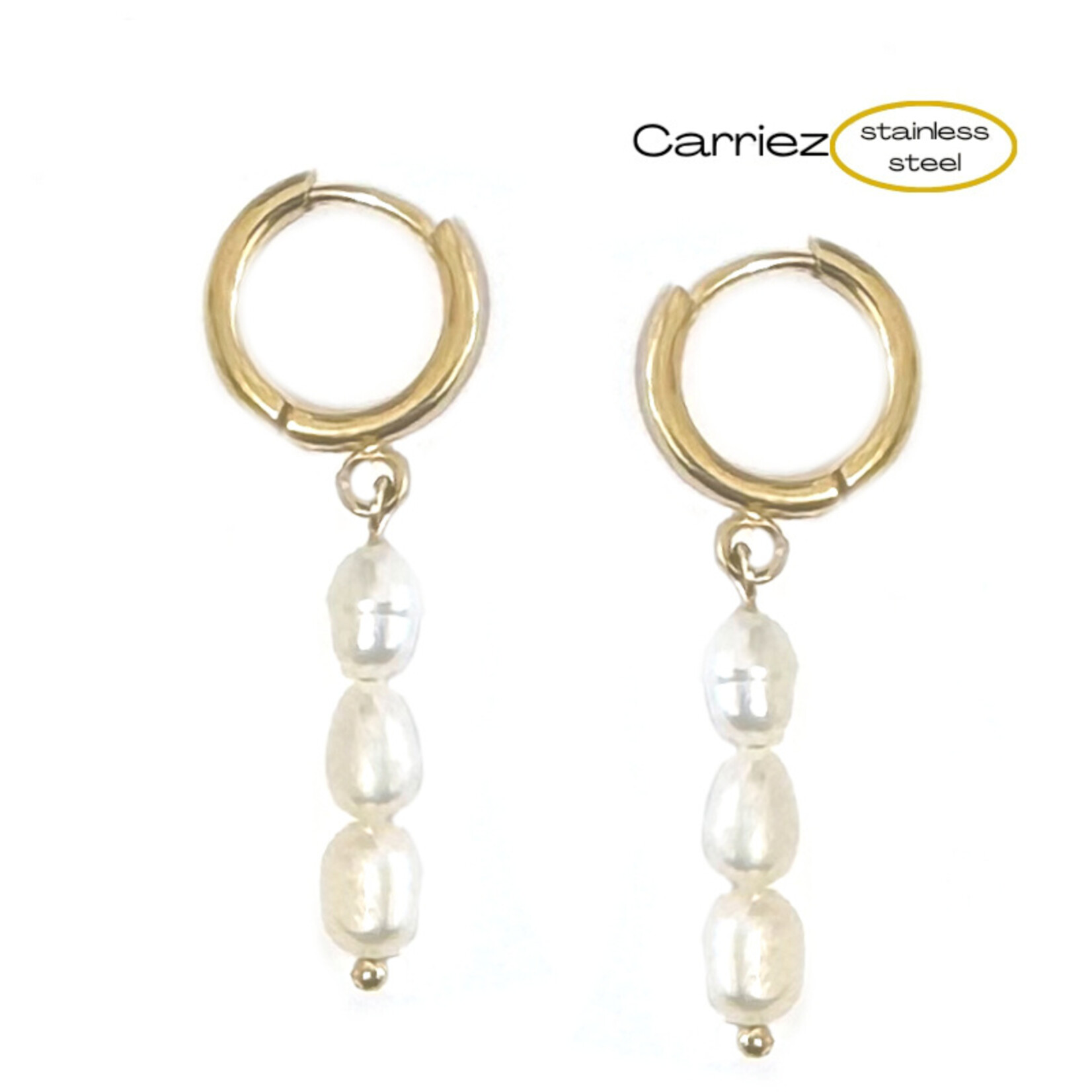 Carriez Gouden oorringen met 3 pareltjes - stainless steel