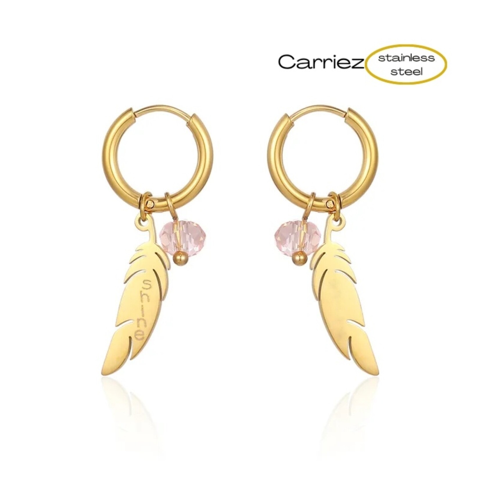 Carriez Gouden of zilveren oorringen met een veer en roze kraal- stainless steel