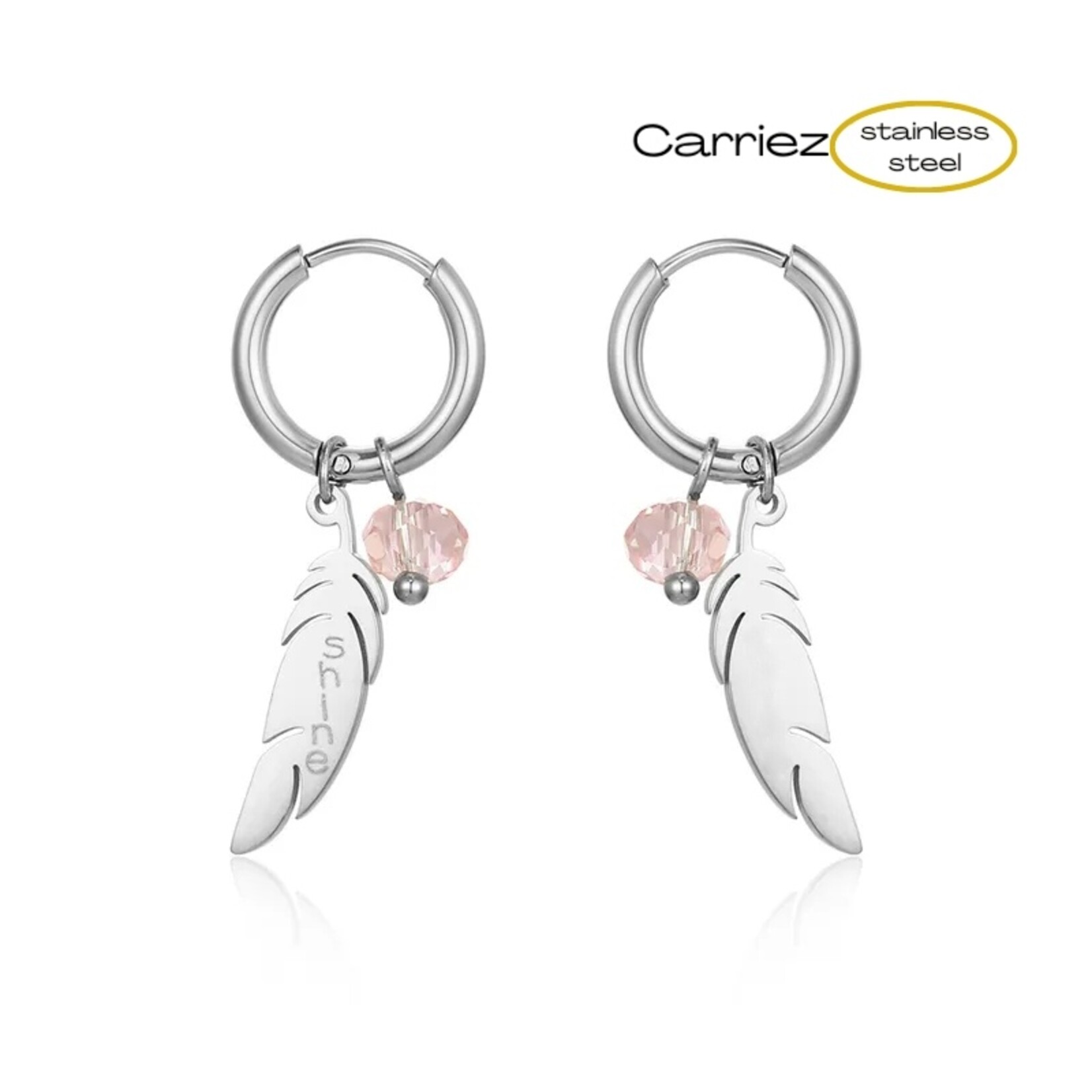 Carriez Gouden of zilveren oorringen met een veer en roze kraal- stainless steel