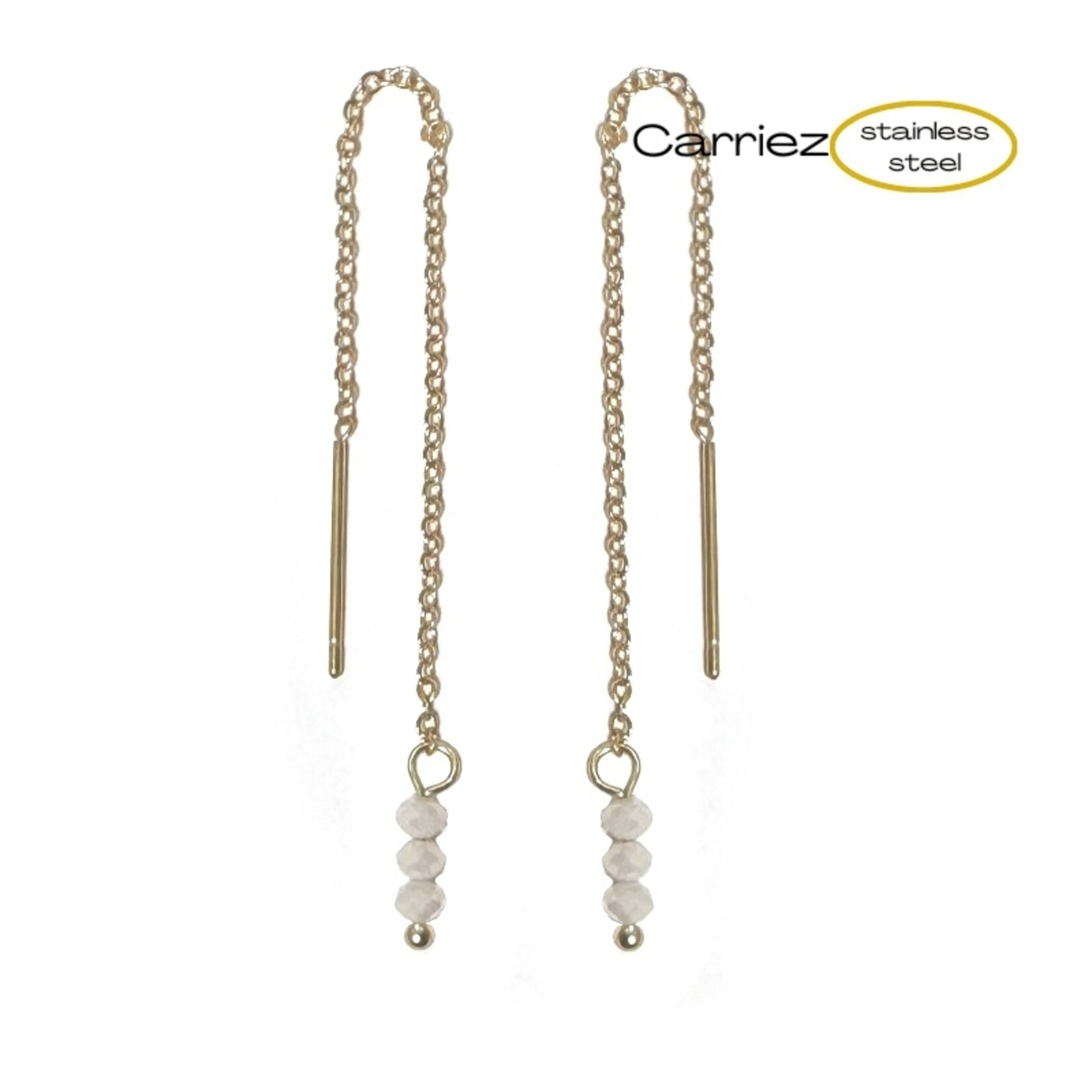 Carriez Gouden doorhaal oorbellen met 3 wit roze steentjes - stainless steel