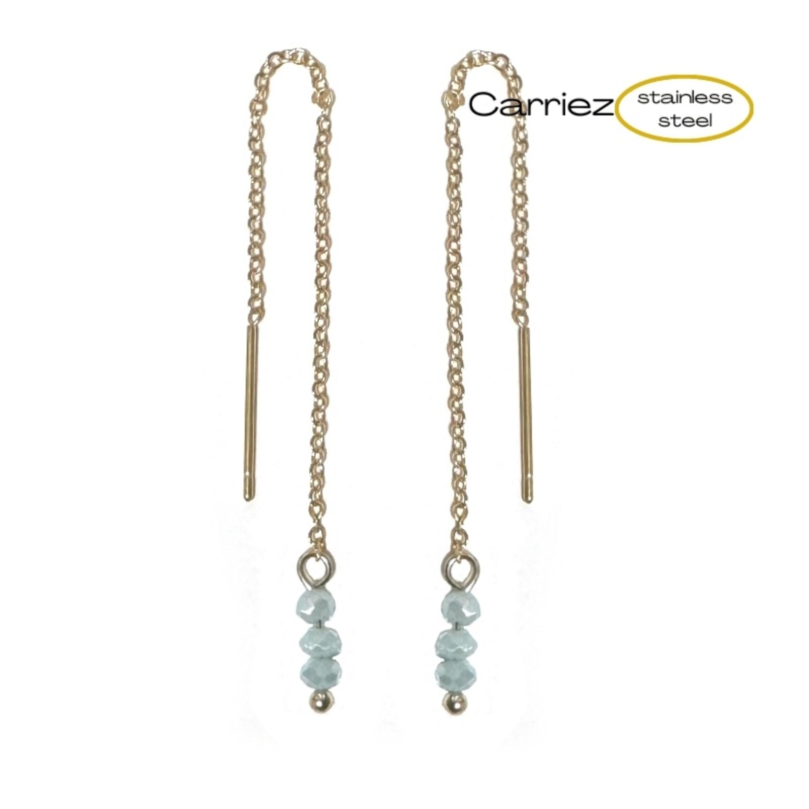 Carriez Gouden doorhaal oorbellen met 3 blauwe steentjes stainless steel
