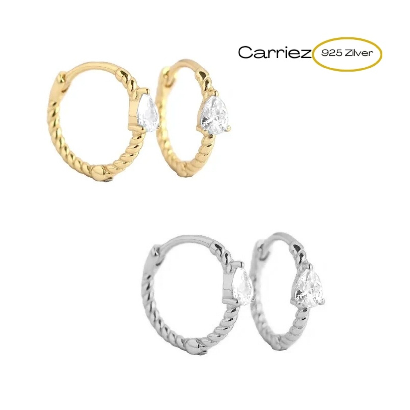 Carriez 925 zilveren twist oorringen met witte cz druppel