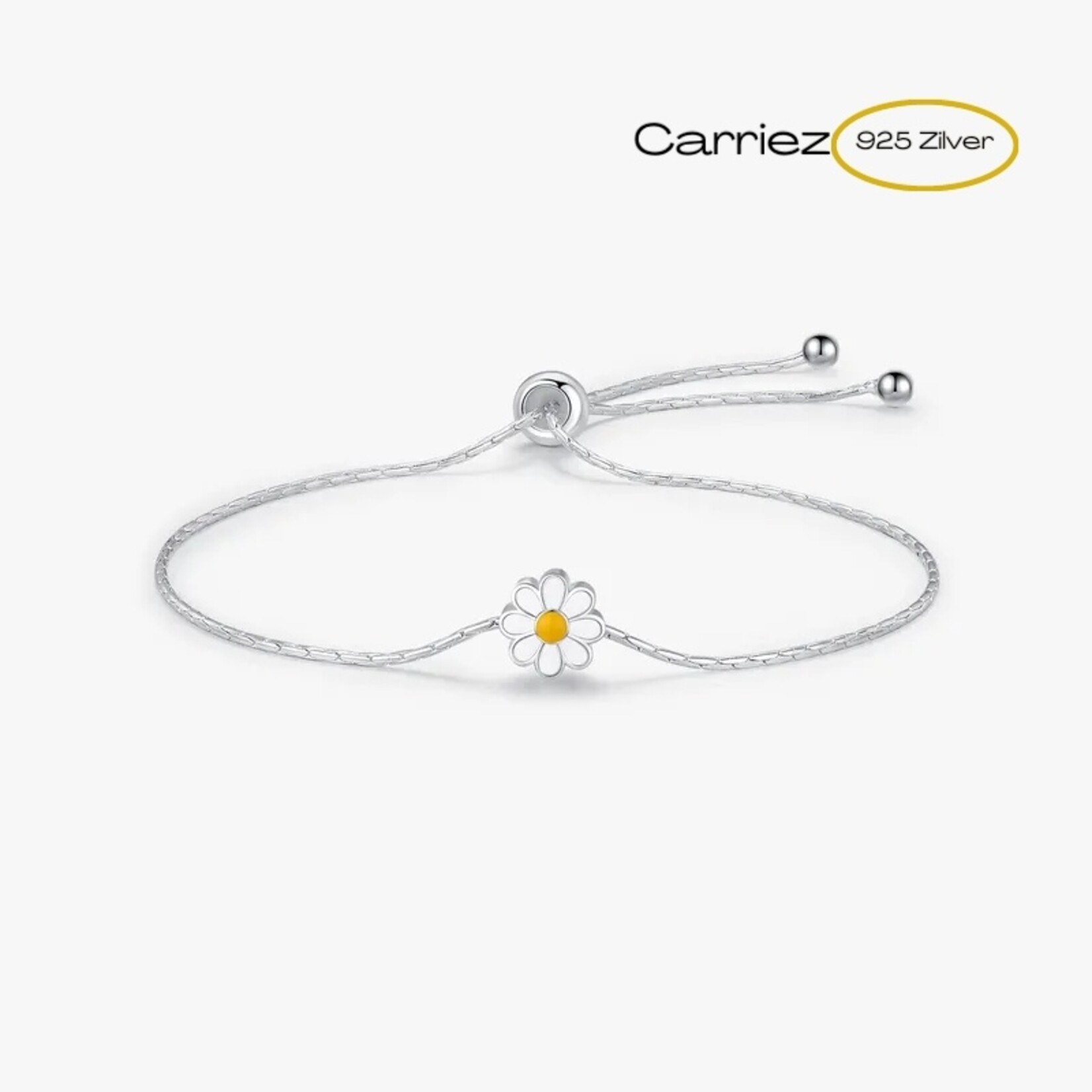 Carriez 925 zilveren slider armbandje met een madelief bloem in goud of zilver
