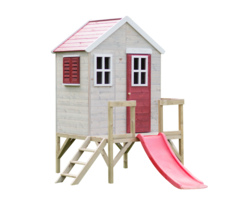 Speelhuis hout op platform met glijbaan
